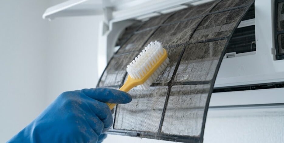日本の家庭用壁掛けエアコンから取り外した dirtyなフィルター。青いゴム手袋を着用した手で、ホコリが詰まったフィルターを歯ブラシで丁寧にこすり洗いしている様子。