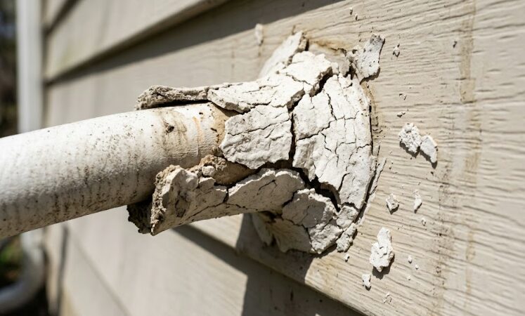 直射日光により経年劣化し、ボロボロにひび割れて壁から剥がれ落ちた屋外のエアコン配管パテの様子。