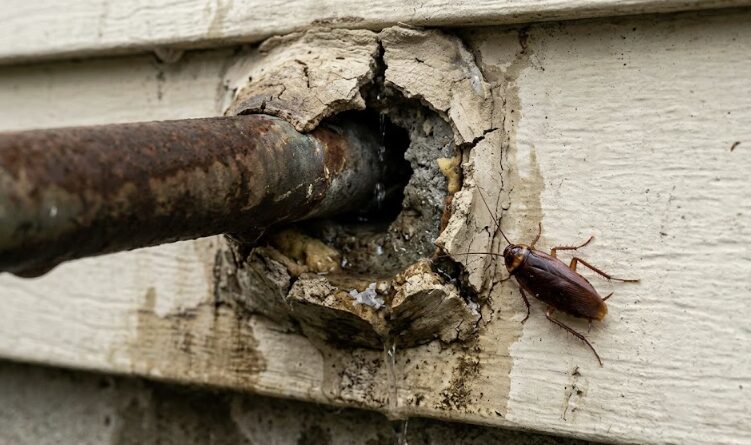 エアコン配管パテの大きな隙間から壁内部へ染み込む雨水と、侵入しようとするゴキブリの様子。
