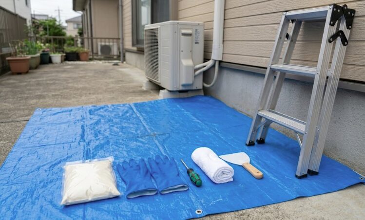 エアコンパテ補修作業に必要な道具一覧。新しいパテ、ゴム手袋、ドライバー、雑巾、ヘラ、脚立がブルーシートの上に並べられている。