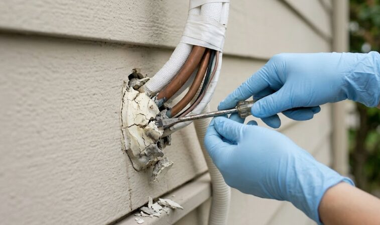 ゴム手袋を着用した日本人の手が、マイナスドライバーを使ってエアコン配管周りの古く硬化したパテを慎重に剥がし取っているクローズアップ。