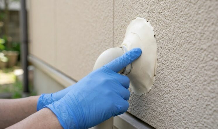 ゴム手袋を着用した日本人の手が、充填した新しいエアコンパテの表面を指でなでて綺麗に平らにならしているクローズアップ。