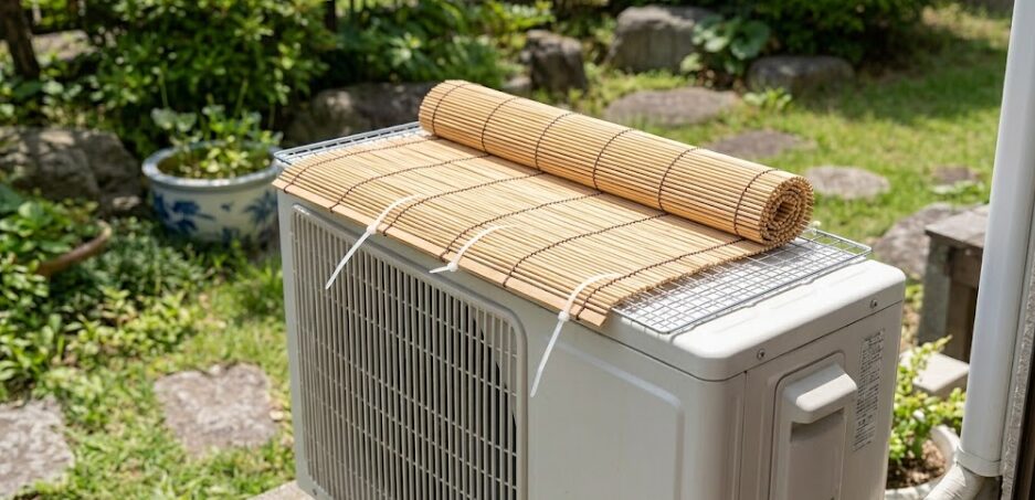 室外機の天板に乗せたワイヤーラックを土台にし、結束バンドですだれを固定する手順