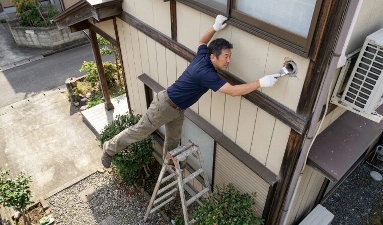 住宅の2階外壁にあるエアコン配管穴へ、不安定な脚立に乗って身を乗り出しながら作業しようとする日本人の様子。高所作業のリスクを示している。