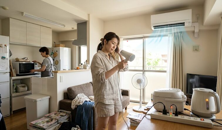 真夏の日本のリビングで、エアコンと同時に電子レンジやドライヤーなどの高消費電力家電を複数使用し、容量オーバーでブレーカーが落ちる原因となる様子。