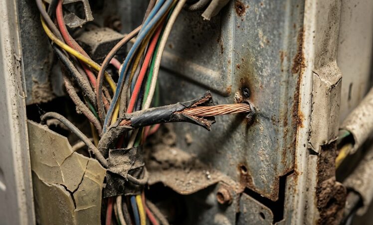 エアコンの室外機内部で、経年劣化により配線の絶縁体が損傷し、漏電の原因となる危険な箇所。漏電ブレーカー作動の引き金になる。