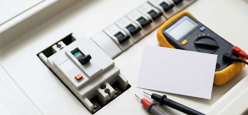 落ちた状態の漏電ブレーカー（テストボタン付き、日本の住宅）と、その横に置かれた専門工事業者のマルチメーターと名刺。プロへの依頼を強調。