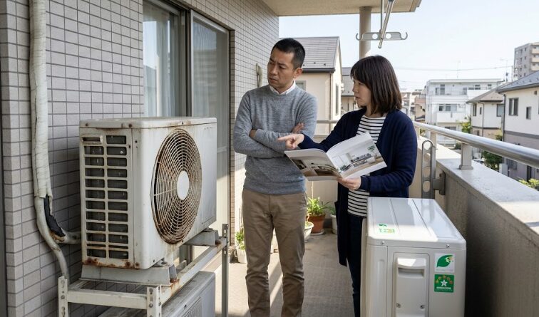 日本人夫婦が、長年使用して古くなったエアコン（室外機、日本のベランダ設置）と、最新の省エネ性能が高い新しいエアコンを比較検討している様子。
