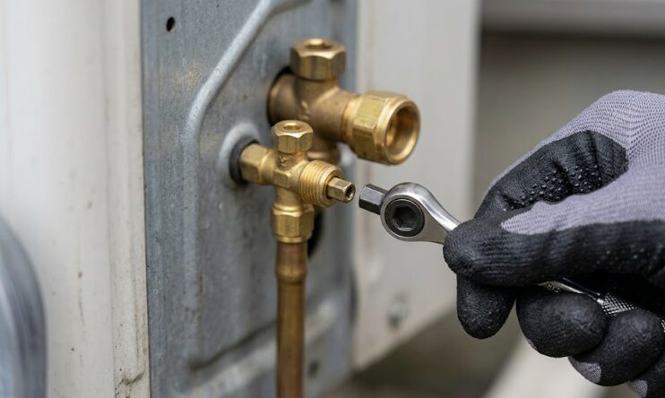 エアコン室外機の配管接続部と、バルブ操作のイメージ
