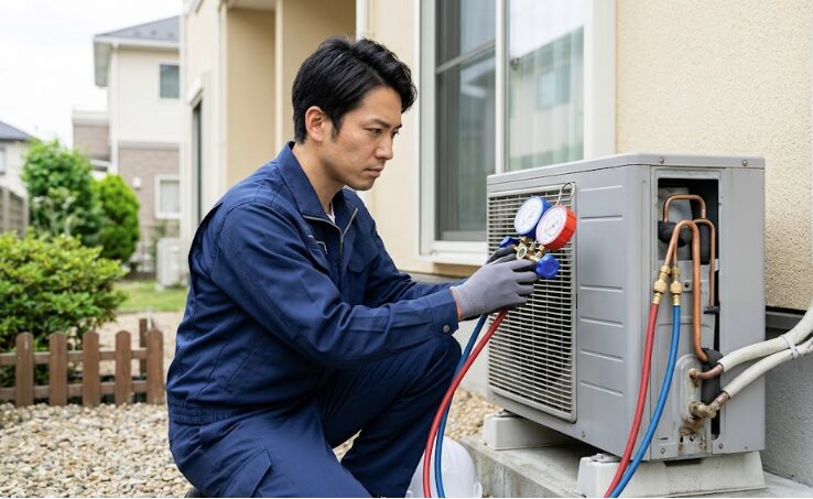圧力ゲージを使用して正確な数値を確認しながら、安全に作業を進めるプロのエアコン技術者