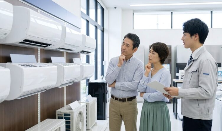 家電量販店のエアコン売り場で、店員の説明を聞きながら購入を検討する日本人夫婦の様子。延長保証に加入するか迷っている様子が伝わる写真。