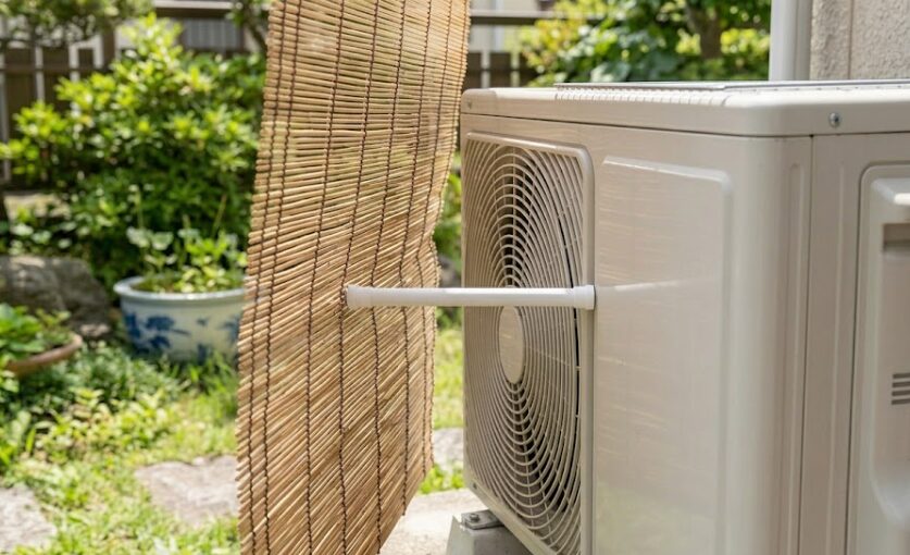 室外機前面とすだれの間に突っ張り棒を挟み込み、排熱のための空間を確保している様子