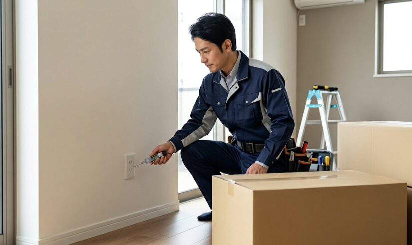 新しいエアコンの段ボールを開封する前に、壁のコンセント形状と電圧を慎重に確認する作業員の様子