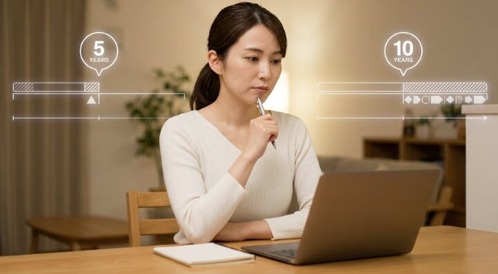 エアコンの延長保証期間として、5年保証と10年保証のどちらを選ぶべきか、それぞれのコストと安心感のバランスを考える日本人女性の様子。