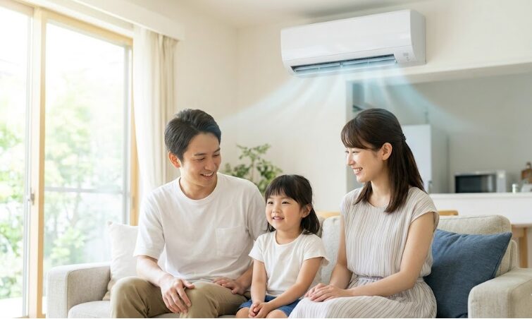 適切な延長保証を選んだことで、故障の不安なく、涼しく快適なリビングで笑顔でくつろぐ日本人家族の様子。