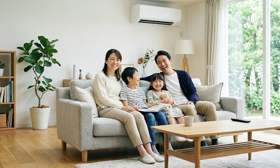 快適な温度に保たれた明るいリビングで笑顔でくつろぐ家族の様子