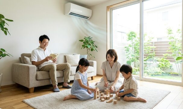 適切な畳数のエアコンを設置し、快適な室内でリラックスして過ごす日本人家族。