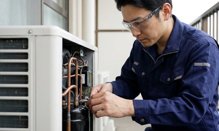 エアコン修理の中で最も高額な、室外機のコンプレッサー（圧縮機）交換作業を行う日本人技術者の手元と、複雑な内部構造。