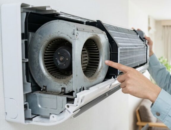 エアコンの前面カバーを外し、内部のシロッコファンを指差して点検する作業服姿の日本人男性。