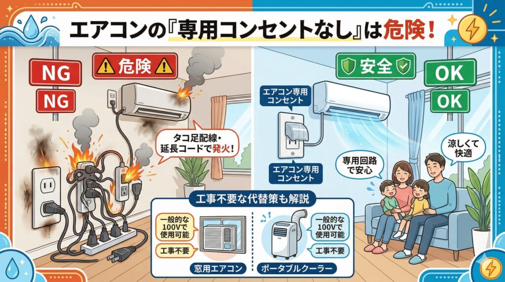 アイキャッチ画像-「専用コンセントなし」は火災の元！エアコン設置のリスクと代替策