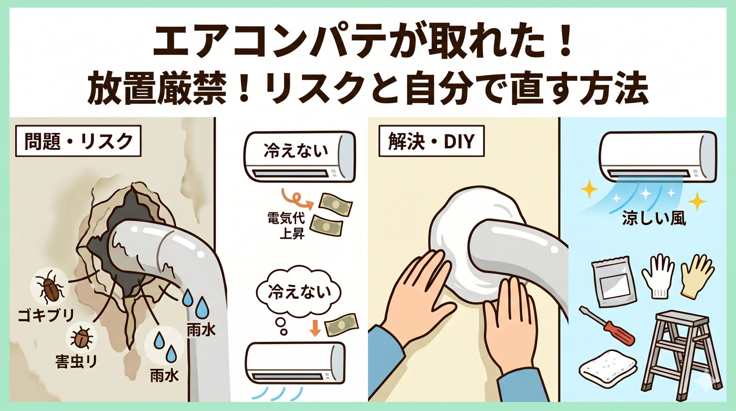 アイキャッチ画像-放置厳禁！エアコンのパテが取れた際のリスクと自分で直す方法