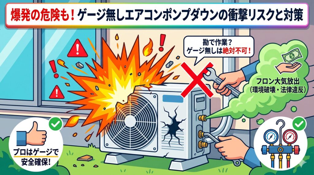 アイキャッチ画像-爆発の危険も！ゲージ無しエアコンポンプダウンの手順とリスク