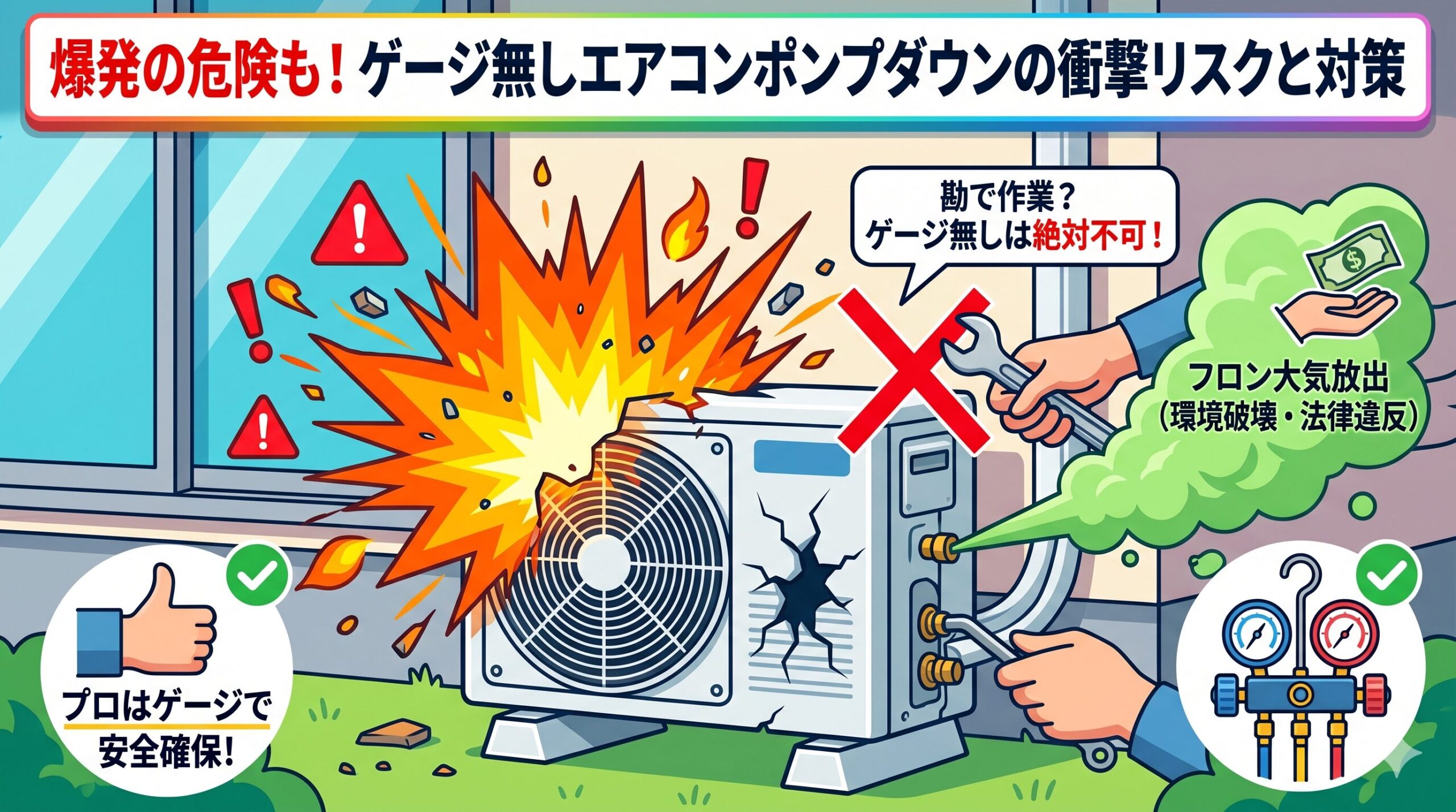 アイキャッチ画像-爆発の危険も！ゲージ無しエアコンポンプダウンの手順とリスク