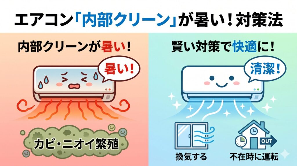 アイキャッチ画像-エアコン内部クリーンが暑い！止めていい？プロが教える対策法