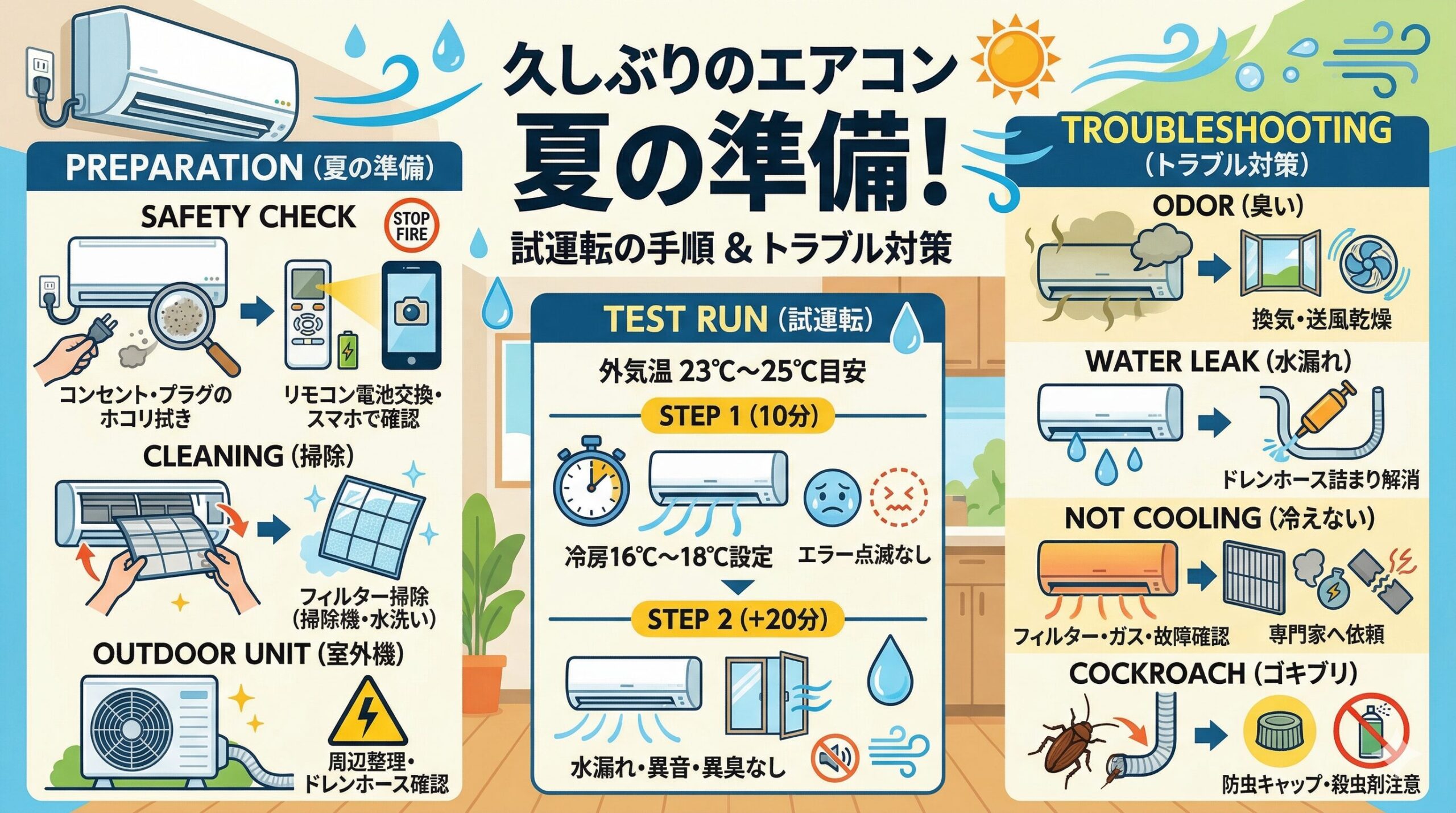 アイキャッチ画像-エアコンを久しぶりに使う夏の準備！試運転の手順と故障の対処法