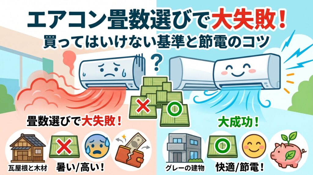アイキャッチ画像-失敗するエアコン畳数選び！買ってはいけない基準と節電のコツ