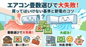 アイキャッチ画像-失敗するエアコン畳数選び！買ってはいけない基準と節電のコツ