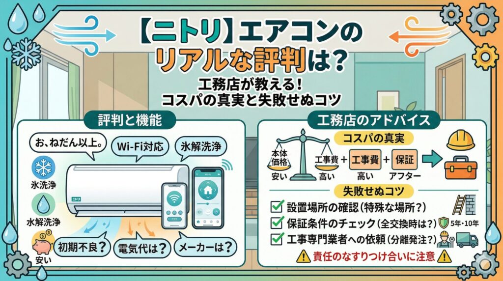 アイキャッチ画像-【ニトリ】エアコンのリアルな評判は？工務店が教えるコスパの真実と失敗せぬコツ
