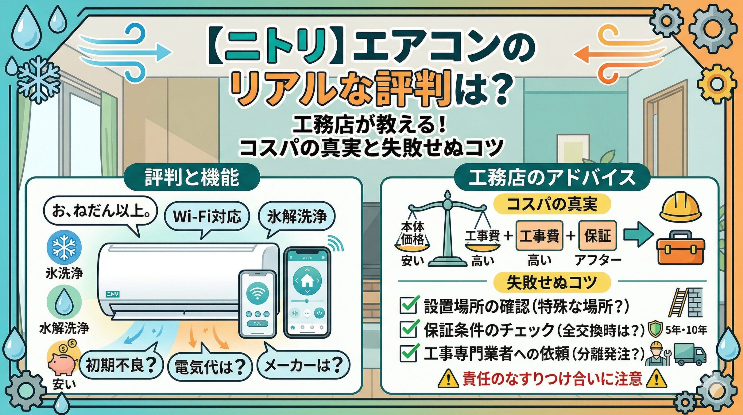 アイキャッチ画像-【ニトリ】エアコンのリアルな評判は？工務店が教えるコスパの真実と失敗せぬコツ