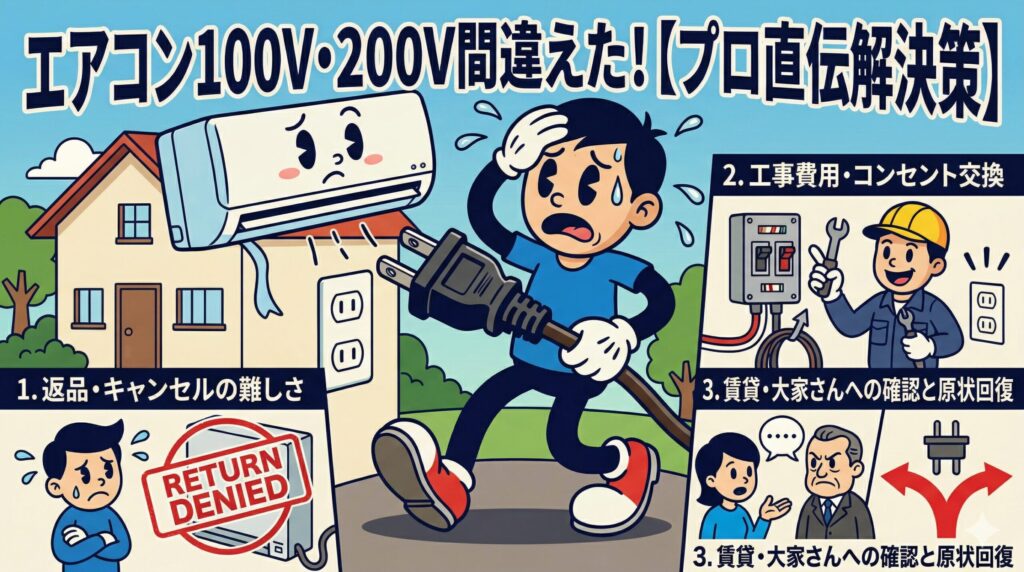 アイキャッチ画像-【プロ直伝】エアコン100V・200Vを間違えた時の解決策/工事費用/返品の注意点