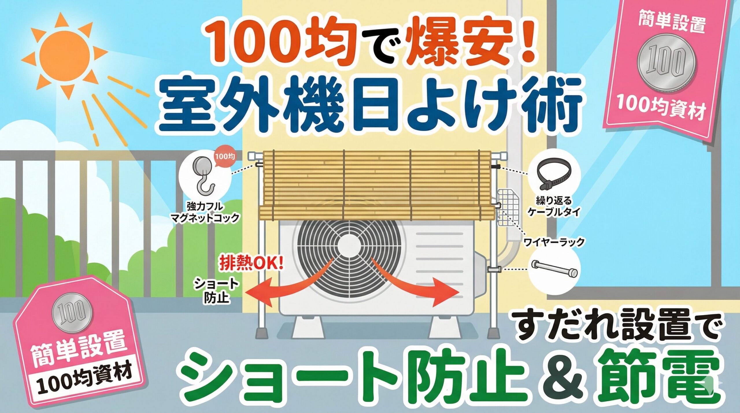アイキャッチ画像-エアコン室外機にすだれを付ける方法！100均で簡単設置＆ショート防止術
