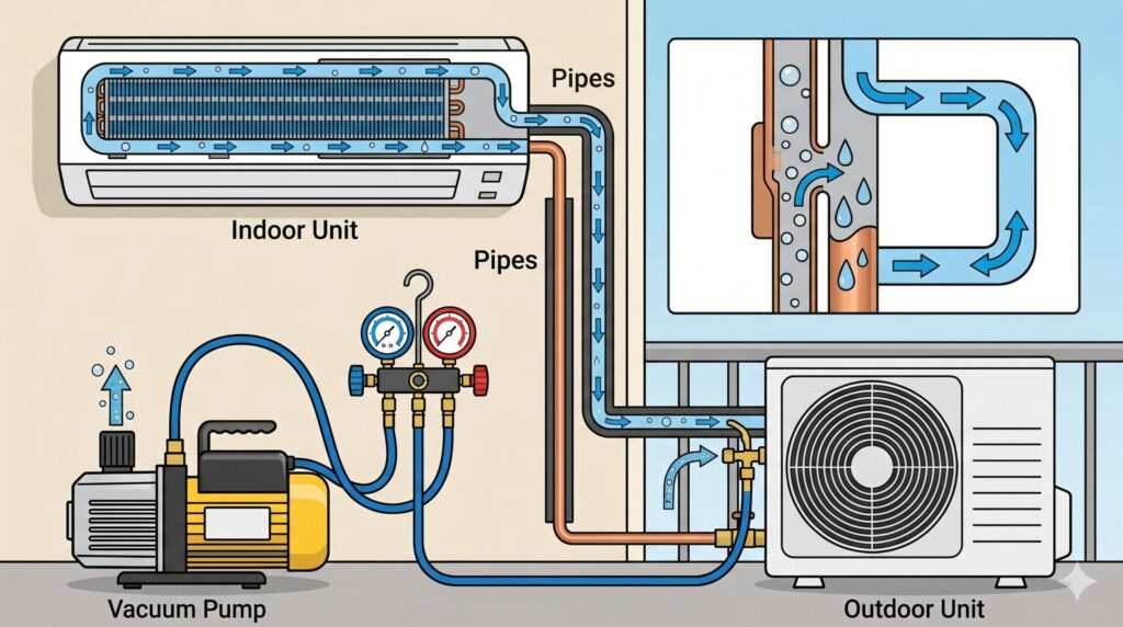 エアコンの室内機、配管、室外機を真空ポンプに接続し、内部から空気と水分が排出される様子を示す模式図。クリーンな内部環境が作られる。