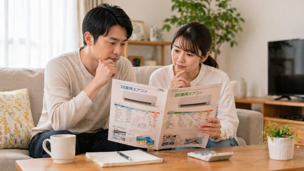 リビングでエアコンのカタログを見ながら、18畳用と20畳用のスペックや価格を比較する日本人夫婦。後悔しないエアコン選びのための情報収集。