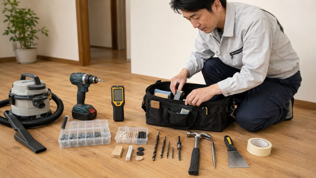 代替テキスト(alt):
　　- 床鳴り補修のDIYに必要な道具と材料（電動ドライバー、下地センサー、フロア用ビス、補修材など）を整然と並べて準備する日本人の専門家。