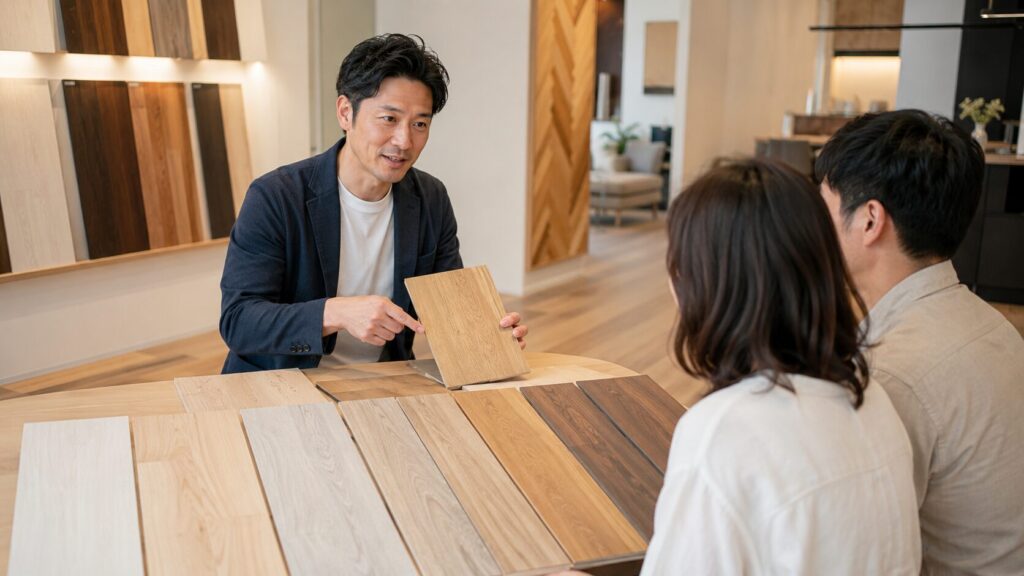 LIXILショールームでリクシルの床材ラシッサの多様なサンプルを紹介し、その評判について専門家視点で解説する様子。
