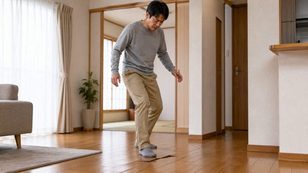 自宅のフローリングを踏み込み、床のきしみや沈みに不安を感じている日本人男性の様子