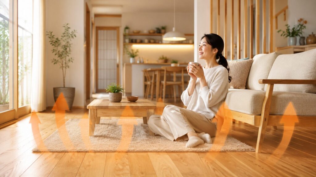木造住宅のリビングで、床下エアコンの暖かさにリラックスする日本人女性