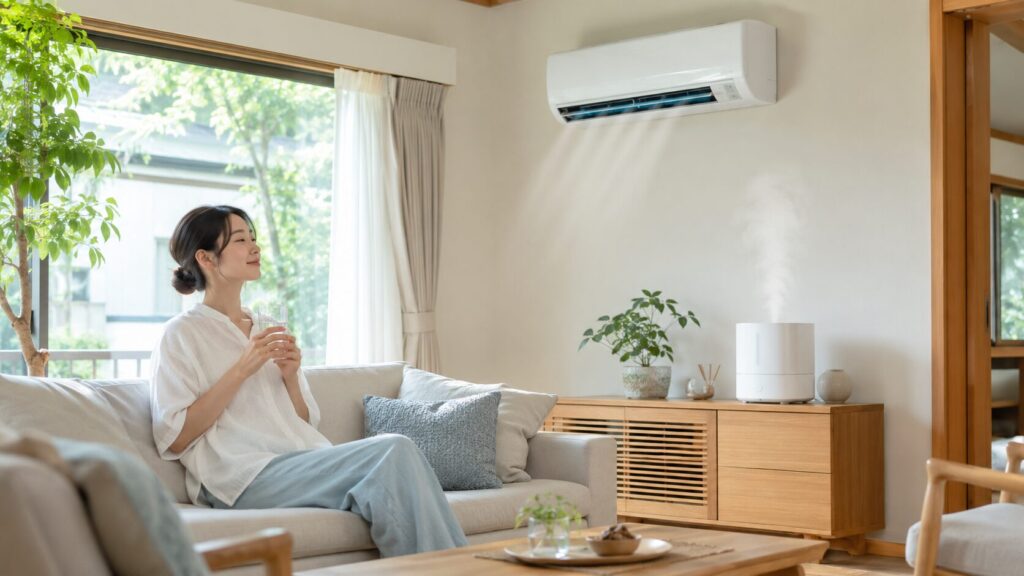 冷房の効いた快適なリビングで加湿器を使い、うるおいを感じてリラックスする日本人女性