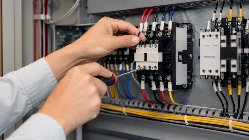 マグネットスイッチの端子に電線を接続する電気工事士の手元。起動電流対策。