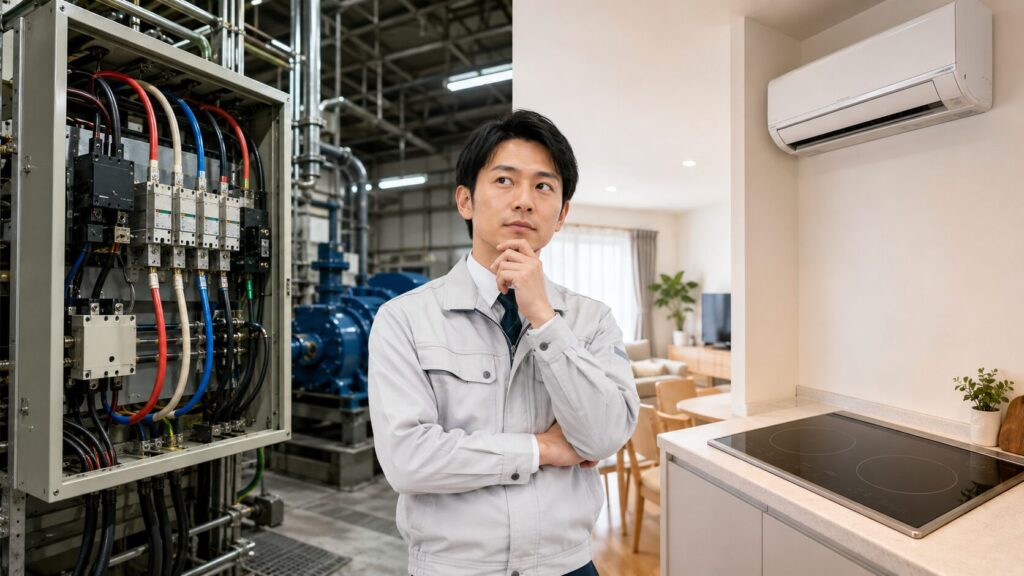 三相200Vの動力電源が流れる工場設備と、単相200Vを使用する家庭用エアコンやIHクッキングヒーターのイメージ図。