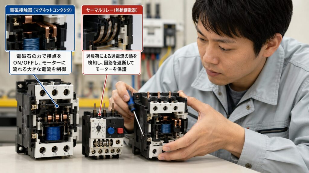 マグネットスイッチ(電磁開閉器)の内部構造を調整する日本人の電気工事士。電磁接触器とサーマルリレーの仕組みを示す。