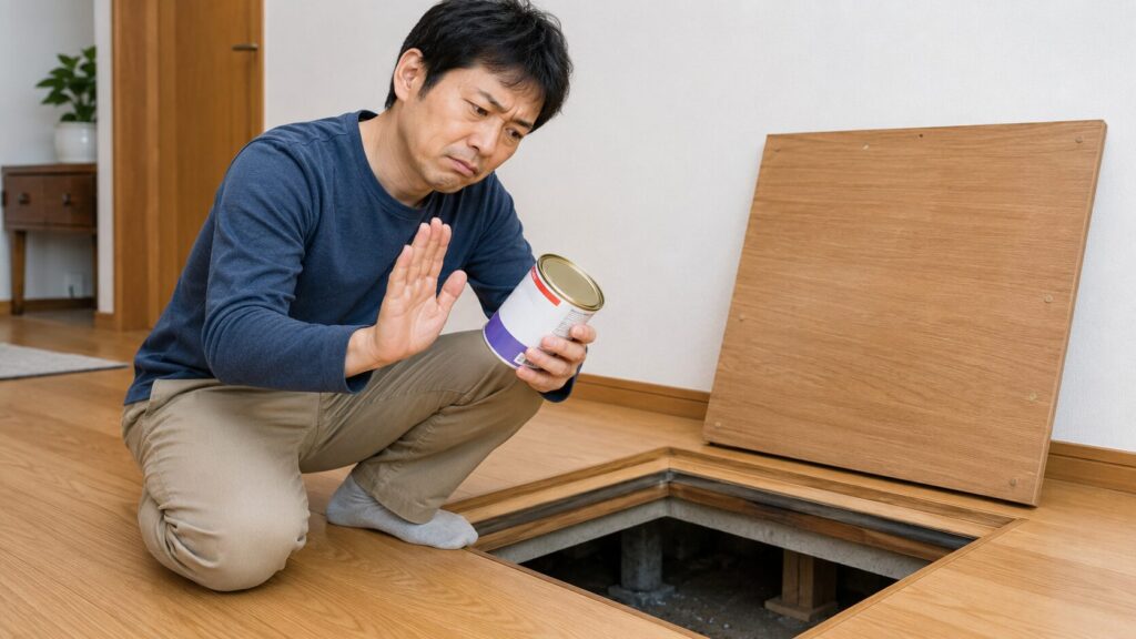 室内用のくん煙剤ラベルを確認し、床下への使用を避ける日本の男性。