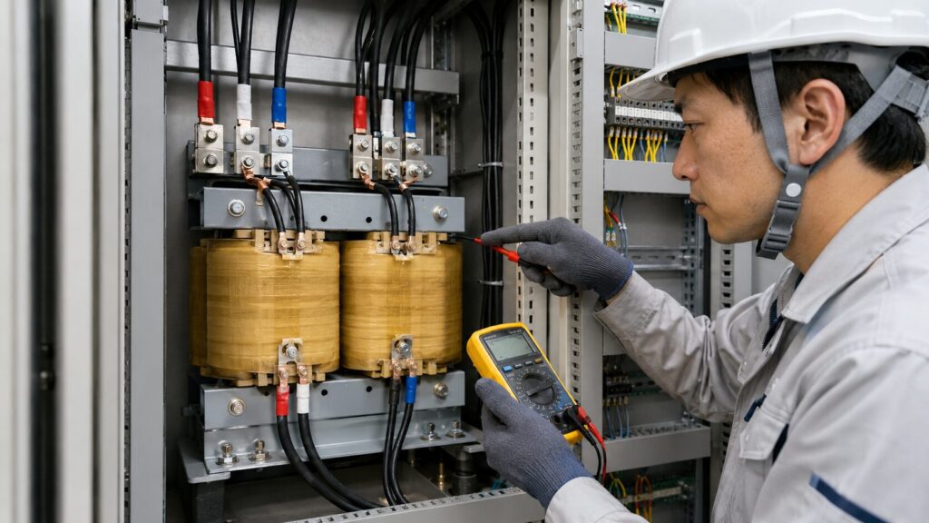 電圧を変換するために分電盤内に設置された、三相から単相へ変換するための業務用の大型変圧器(トランス)。