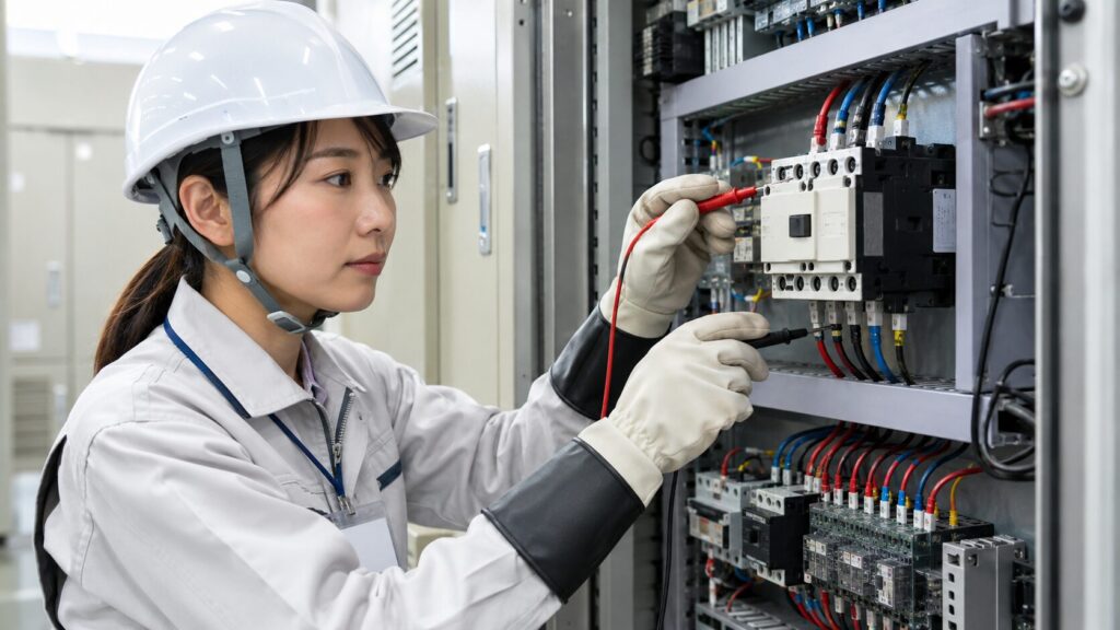 マグネットスイッチの配線作業を安全に行う、日本の国家資格を持つ女性電気工事士。資格証を携帯し、絶縁手袋を着用。