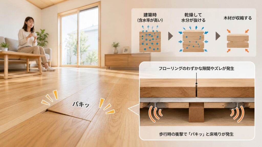 新築住宅の明るいリビングで、木材の乾燥・収縮によりフローリングにわずかな隙間が生じ、床鳴りが発生するメカニズムのイメージ