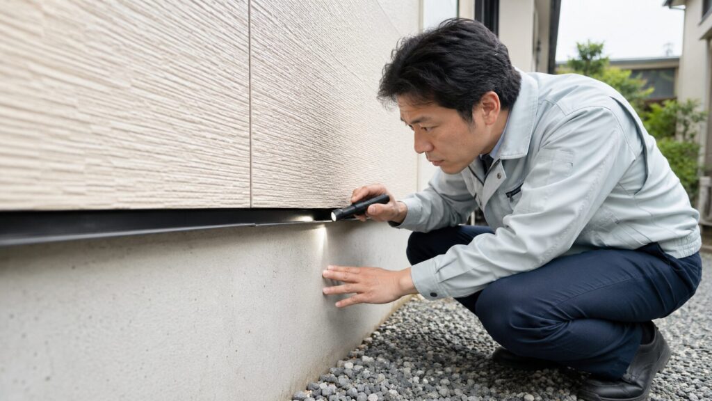 住宅の外壁と基礎の隙間を調査する、真剣な表情の日本人工務店スタッフ